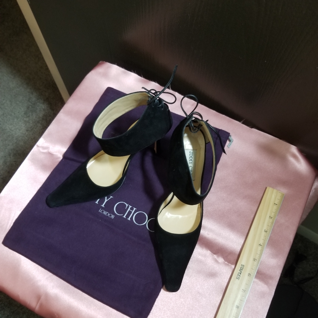 Jimmy Choo Ankle Tie Black Suede Stilettos, Size 37 1/2.